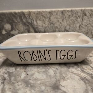 Rae Dunn "ROBIN'S EGGS" Ceramic 6 Egg Tray Holder Carton with Light Blue Trim